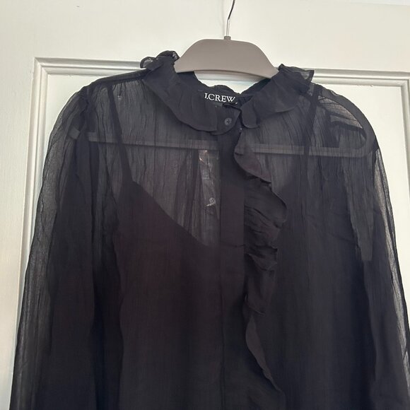 J. Crew Black Ruffle button-up shirt in crinkle chiffon - Size 0 - NWT - Picture 5 of 13